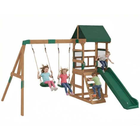 Torre gioco in legno, struttura per arrampicata, altalena con scivolo, 2 altalene, parete da arrampicata per bambini dai 3 agli 8 anni, 315 x 284 x 233 cm, verde