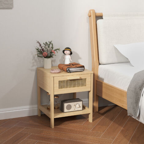 Table de Chevet Naturelle en Rotin avec Tiroir et Étagère Ouverte, 40x40x48.4 cm, Commode de Nuit au Design Élégant pour Chambre (1/4)