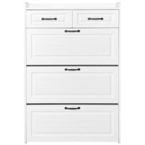 Schuhschrank, bestehend aus drei großen Klappen und zwei Schubladen, Holzschuhschrank, Schuhregal, Geeignet für Eingangsbereiche und Wohnzimmer - Maße: B80/T23.5/H131 cm (1/4)
