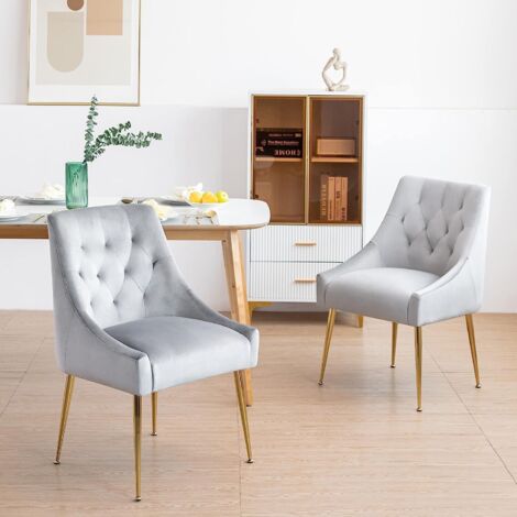 Ensemble de 2 chaises de salle à manger en velours avec pieds en métal, chaises de cuisine modernes et rembourrées, chaises longues pour salle à manger/salon (gris) (1/5)