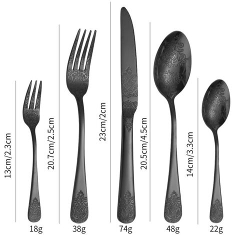 Set de 5 Couverts de Table en Acier Inoxydable à Double Extrémité avec Motif Ornemental, Ensemble de Couverts pour Steak et Dessert (Couteau, Fourchettes, Cuillères),Noir (1/4)