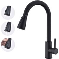 Küchenarmatur Edelstahl MEEJEE Wasserhahn Küche Schwarz mit Ausziehbarer Brause, Armatur Mischbatterie 2 Strahlarten
