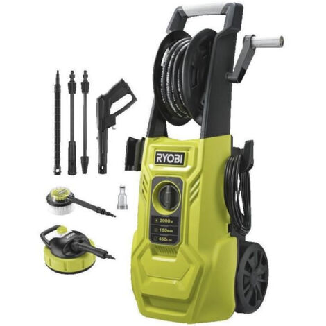 RYOBI - Limpiadora de alta presión 2000 W 150 bares - 450 L - manguera de 8m, depósito de 0,9L + lanzas vario y turbo y cepillo - RY150PWA