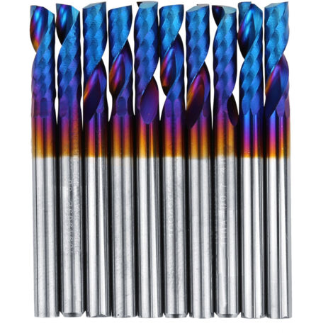 Satz mit 10 blauen, nanobeschichteten Hartmetallfräsern – 3,175 mm Schaft, einschneidige Spiralklinge zum Gravieren (1/5)