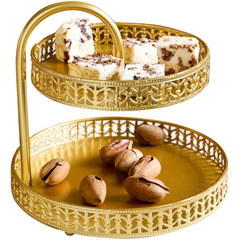 Dekoratives, doppelstöckiges Gebäckbrett aus Gold und Kupfer zum Servieren von Desserts, Kuchen und für Hochzeitszeremonien (1/5)