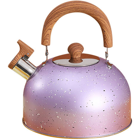 2-Liter-Wasserkocher aus Edelstahl, flacher Boden für Induktion und Gas, eingebaute Pfeife, großes Fassungsvermögen, violette Farbe.
