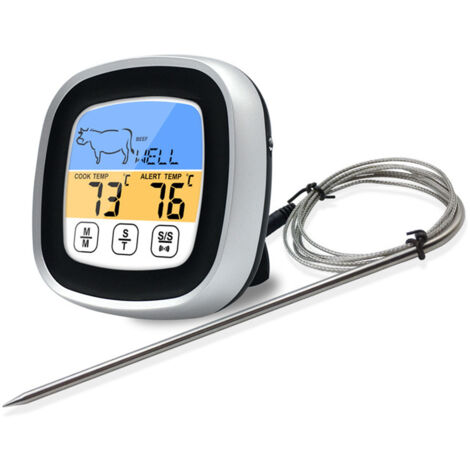 Digitales Edelstahl-Thermometer mit Touchscreen für Grill und Küche, mit integriertem Timer, schwarze Farbe (1/5)