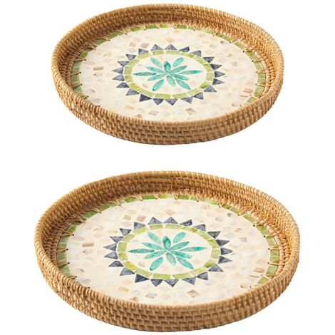 handgeflochtene Rattantabletts mit bunten Muscheln für das Wohnzimmer, als Obst-, Snack- oder Brottablett, dekorativer Untersetzer für den Couchtisch
