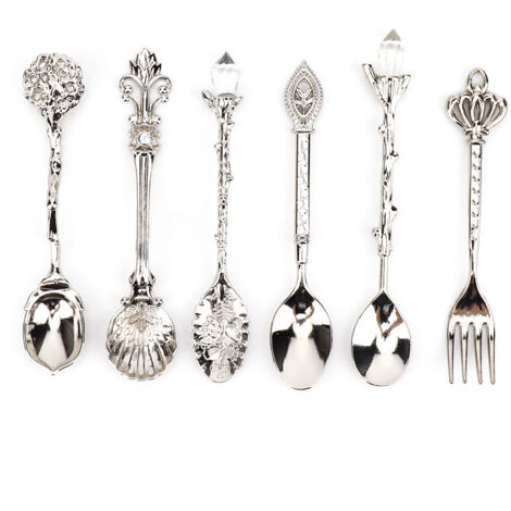 Set aus 6 Vintage-Besteckteilen aus Zinklegierung, Retro-Löffel und -Gabeln für die Küche, silberfarben (Kronengriff)