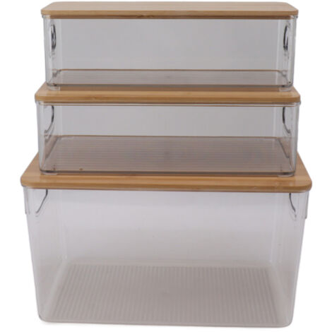 3-teilige, stapelbare, transparente Aufbewahrungsbox mit Holzdeckel – Multifunktionaler Organizer für Vitrinen (1/5)