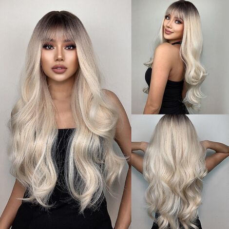 26 Zoll lange, blonde Ombré-Perücke für Damen mit Pony, langen, natürlichen Wellen, hitzebeständige Kunsthaarperücke (1/5)