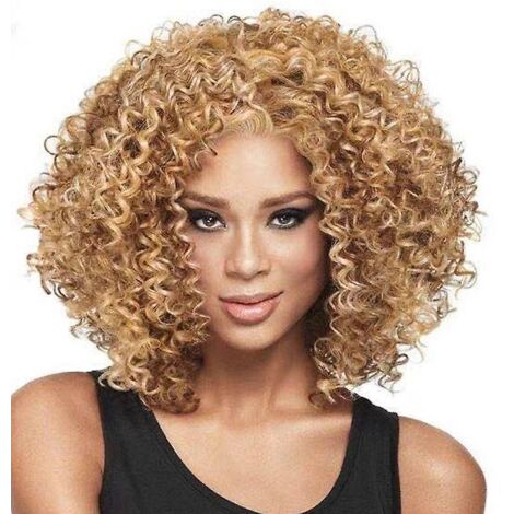 Lockige Perücke für Damen, Afro-Lockenperücke, gemischte braun-blonde Farbe, hitzebeständige Kunstfaser (1/5)