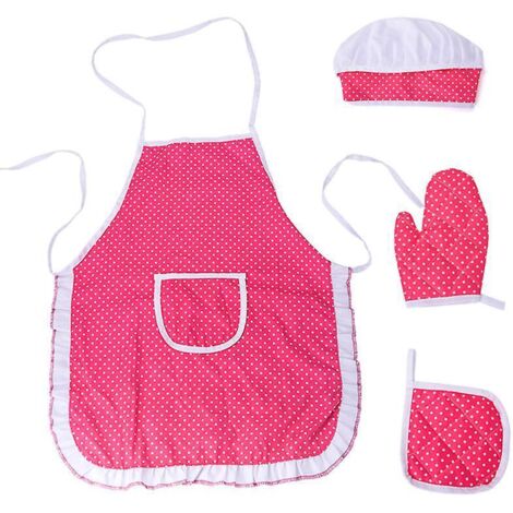 Kinderkoch-Set, rosarote, verstellbare Küchenschürze mit Kochmütze, Kinder-Ofenhandschuh, strapazierfähige Matte (1/5)