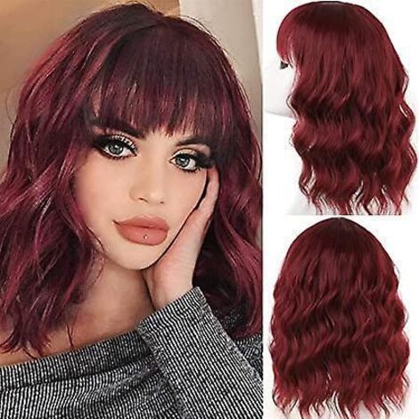 Weinrote, 35 cm lange, natürliche Bob-Perücke mit Pony, synthetische Bob-Perücke, natürlich lockige Bob-Perücke für Damen, für Cosplay im Alltag (1/5)