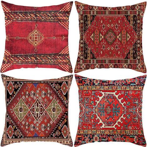 Set mit 4 dekorativen Kissenbezügen b 45x45 Dekorative Kissenbezüge im Ethno-Stil, rot bedruckte Kissenbezüge mit Teppichmuster, Boho-Kissen, Sofakissen (1/5)