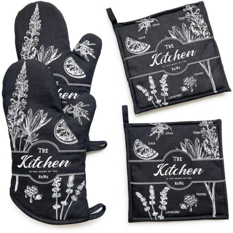 1 Paar 32 cm lange Ofenhandschuhe mit 2 hitzebeständigen Topflappen (20 x 20 cm) (1/5)