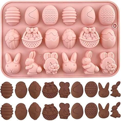 Silikon-Oster-Schokoladenform mit 18 Mulden in Ei-, Hasen-, Hasenkopf- und Korbform, für Schokolade, Bonbons und Gelee. (1/5)
