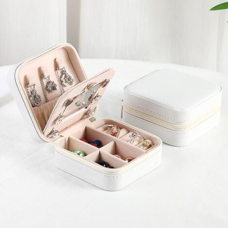 Kleine, tragbare Schmuckschatulle, Mini-Reise-Schmuckkästchen mit Spiegel, wasserdichte Schmuckschatulle aus PU-Leder für Damen, Schmuck-Organizer-Box B (1/5)