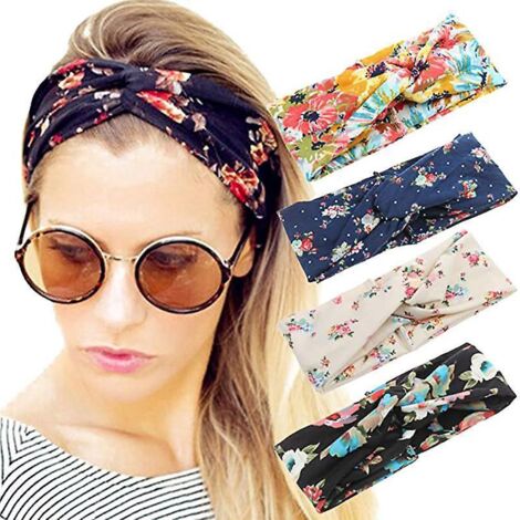 4er-Pack Damen-Haarbänder im Boho-Stil, Vintage-Blumenmuster, elastisches Haarband mit Kreuzknoten, Einheitsgröße (1/5)