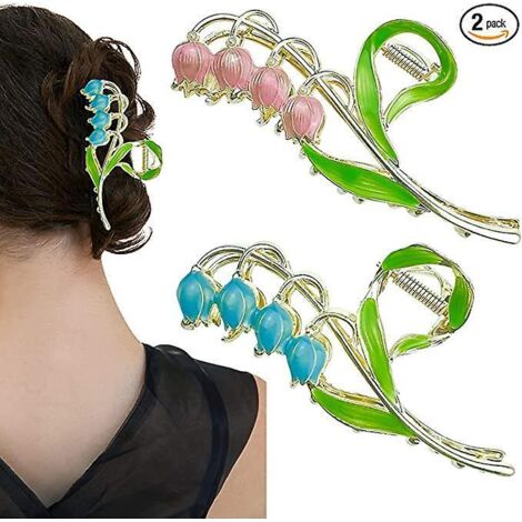 Haarspangen mit Metallblumen, 2 Stück (blau und rosa), große Haarspange mit Blumenklauenform, Haarspange mit Haifischklauenform, Haarspange (1/5)