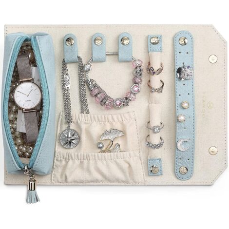 (blau) Samt-Reise-Schmuckkästchen, tragbare Aufbewahrungsbox für Ringe, Ohrringe, Halsketten, Armbänder und Uhren (1/5)