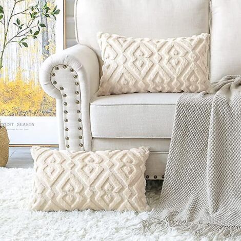 Set mit 2 weichen, plüschigen, kurzen Kissenbezügen aus Wollsamt im luxuriösen Stil für Sofa und Schlafzimmer – modernes Rautenmuster, Beige, 30 x 50 cm (1/5)