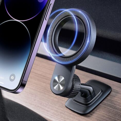 Eine schwarze Auto-Handyhalterung, die mit der Popsocket Magsafe-Handyhalterung für die Mittelkonsole kompatibel ist. (1/5)