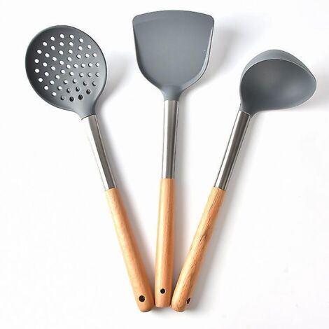 Set mit 3 Silikon-Küchenlöffeln, antihaftbeschichtet, ideal zum Mischen und Servieren von Suppen (grau)