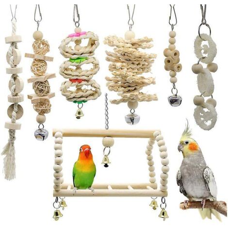 Set mit 7 Vogelspielzeugen, Sitzstangen aus Holz, Kletterstangen für Vögel, Vogelspielzeug für Papageien, Wellensittiche, Sittiche, Aras (1/5)