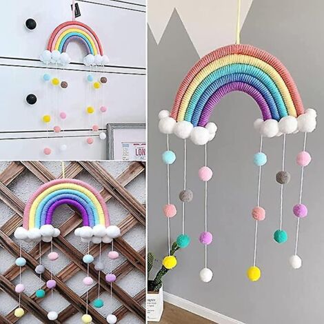 Regenbogen-Wandteppich, hängende Wolkendekoration, geflochtenes Seil, Pompon-Spitzenweberei, Filzkugel-Wandbehang, Deko-Accessoires (1/5)