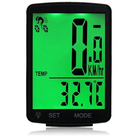 Kabelloser LCD-Fahrradtachograph mit grünem Display, 1 Stück – wasserdicht – Schrittzähler – Geschwindigkeitsmesser – automatische Speicherfunktion – Temperaturmessung (1/5)