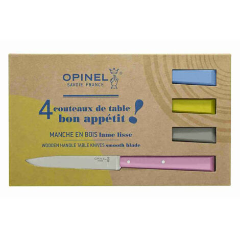 OPINEL Opinel - Boîte de 4 Couteaux de Table N°125 Bon Appétit Campagne - Lame Acier Inox - Manche Charme - Fabrication Française - Rose, Gris, Tilleul et Azur (1533)