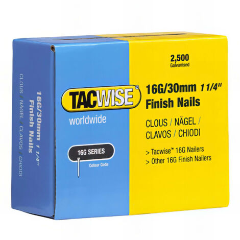 Tacwise – Boîte de 2500 clous de finition 16G L. 30 mm – Galvanisés pour bois dur – Force de maintien supérieure – Pour cloueurs électriques et pneumatiques (1/2)