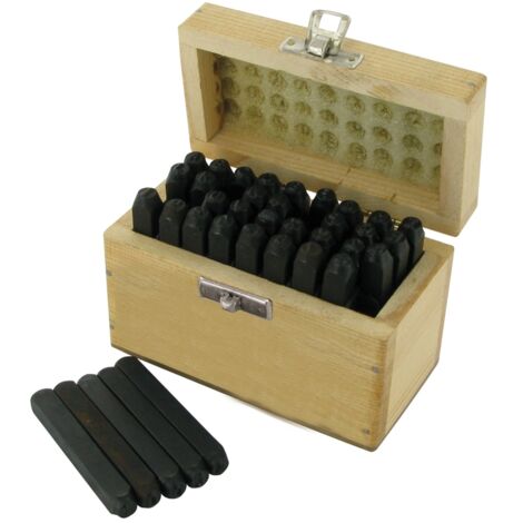 Silverline – Jeu de poinçons chiffres et lettres 5 mm – Acier à haute teneur en carbone – 36 pièces – Boîte de rangement en bois (1/5)