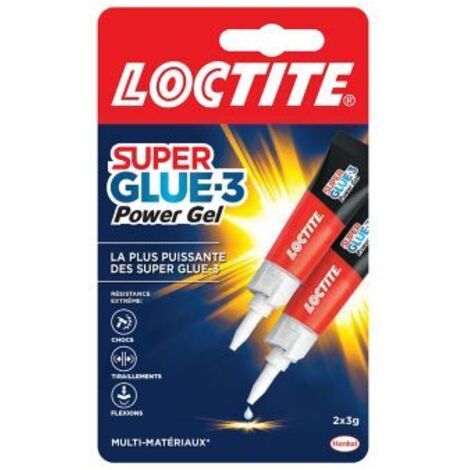 Loctite Super Glue-3 Power Gel, colle forte enrichie en caoutchouc, colle gel ultra-résistante, à séchage immédiat, colle transparente, lot de 2 tubes 3 g (1/4)