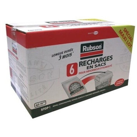 Rubson – Recharge absorbeur d'humidité lot de 6 sacs 1kg – Capacité d'absorption jusqu'à 3L – Sachets non-tissés pour sécurité - 6x1kg