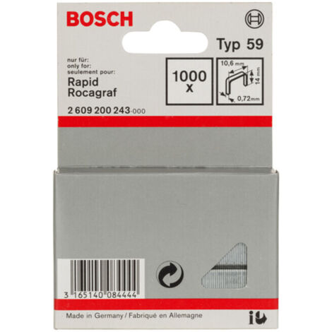 Bosch – Agrafes à fil fin type 59 10,6 x 0,72 x 14 mm – 1.000 unités pour fixation textiles et carton – SKU 2609200243