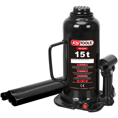 Ks Tools – Cric bouteille hydraulique 15 t – Hauteur maximale 460 mm – Construction acier massif – Système de sécurité contre surcharge