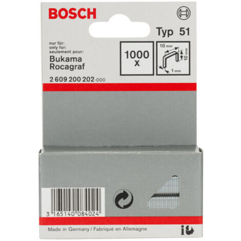 Agrafes Type 51 : 100x 10x 10mm : 1 000 pièces BOSCH 2609200202