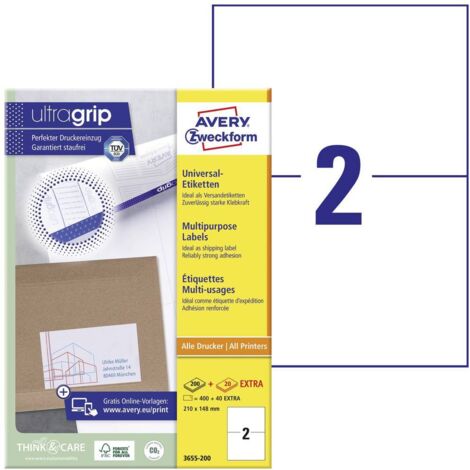 Avery-Zweckform 3655-200 Etiquette universelles 210 x 148 mm papier blanc 440 pc(s) fixation permanente imprimante à je (1/4)
