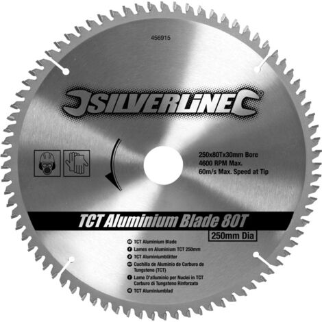 Silverline – Lame de scie circulaire TCT pour aluminium 250 x 30 mm – 80 dents en carbure de tungstène – Angle de coupe négatif 5° – Bagues de réduction incluses