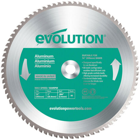Evolution – Lame de scie circulaire carbure 355 mm – 80 dents pour aluminium – Alésage 25.4 mm – Coupe nette sans éclat