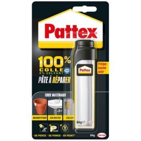Pattex 100% Pâte à réparer multi-usages, Pâte epoxy bi-composante pour collages sur de multiples matériaux, permet de reconstituer de la matière, pâte peignable & ponçable, tube de 64 g