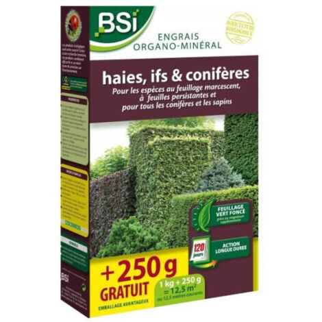 BSI - Engrais Organo-Minéral - Bio - Haies, Coniferes - Pour Feuillages Persistants Et Coniferes - 1Kg - Plus 250g gratuit - 12,5m² (1/4)