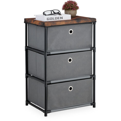 Relaxdays Commode, avec 3 tiroirs en tissu, structure en métal, 65x43x33 cm, pour le salon ou l'entrée, gris et marron (1/5)