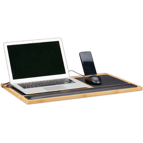 Relaxdays – Table pour ordinateur portable en bambou 60x40cm – Support smartphone et 2 tapis souris – Confort optimal pour travail à domicile (1/5)