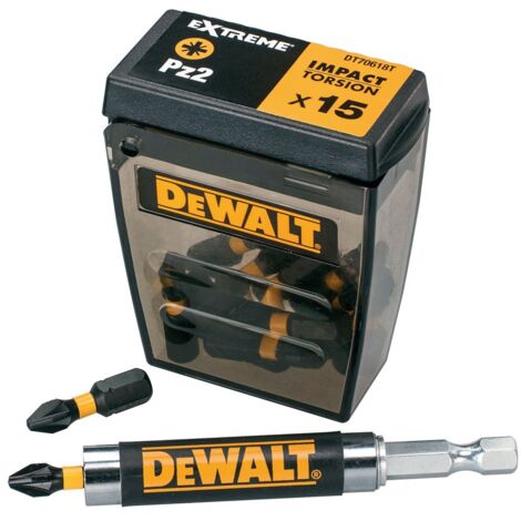 Dewalt – Jeu d'embouts de vis 15 pièces – Torsion d'impact PZ2 25mm – 6 embouts PZ2, 3 T15, 3 T20, 3 T25 – Guide magnétique compact - DT70618T-QZ (1/3)