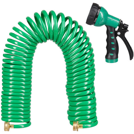 Relaxdays tuyau d’arrosage spirale, long jusqu’à 20 m, tuyau d’eau flexible avec pistolet, réglable avec 7 modes, vert (1/5)