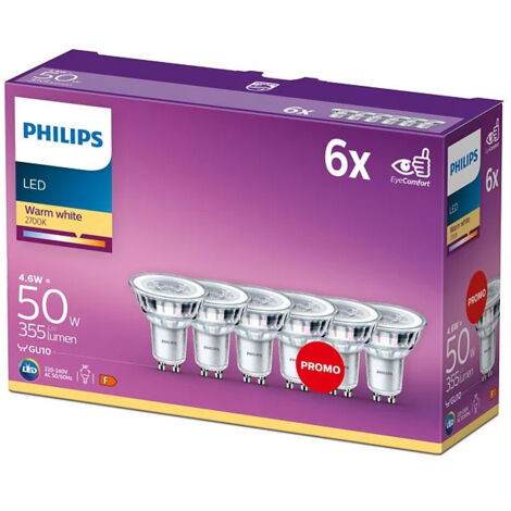 Philips ampoule LED Spot GU10 50W Blanc Chaud, Verre, Lot de 6 (1/7)