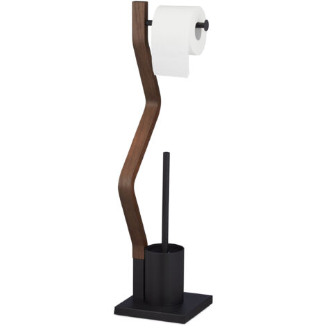 Relaxdays – Brosse WC et dérouleur papier autonome – Acier noir et bois foncé – Dimensions 75 x 18,5 x 18,5 cm – Tête de brosse remplaçable (1/5)